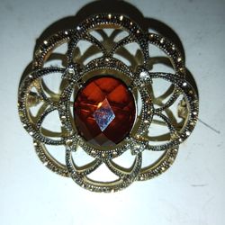 Vintage Monet Gold Tone Filigree Brooch with Brown & Light Colorado Topaz Stones