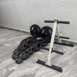 245 lb of Black Iron  Plate with Anti-Wear Steel Circle of Rubber Coated and weight tree.