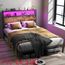 Modern Platform Bed Frame with 2-Tier Wood Storage Headboard LED Lights and Charging Station(fc-bk)