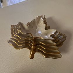 Leaf Trinket Box Tray Set Of 5 Vintage Cream And Gold