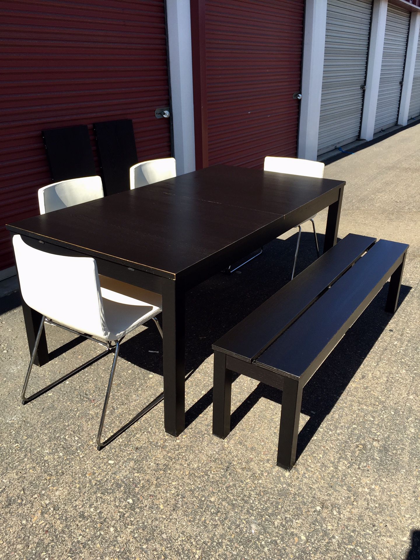 Extendable Black/ brown dining table Set with bench with 4 white genuine leather chairs