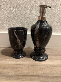 Cup and soap  dispenser ( marble like, ceramic) black