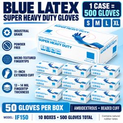 10 Mil Blue Latex Gloves Heavy Duty 11” Extended Cuffs 500 Gloves