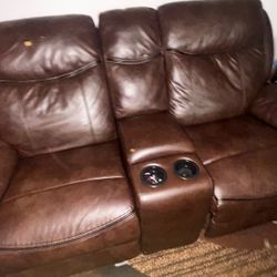 Brown Leather Recliners Cup Holder In Middle Of Both And Outlets Couches Used Leather Kit to Repair Spots Quick Sale $800 OBO