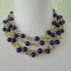Vintage Monet Necklace Four Strand Blue Beaded Gold Plated Choker 17"