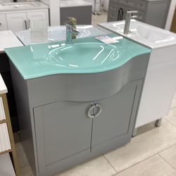36” bathroom vanity cabinet new solid wood fully assembled tempered glass top sink integrated ready for pick up today