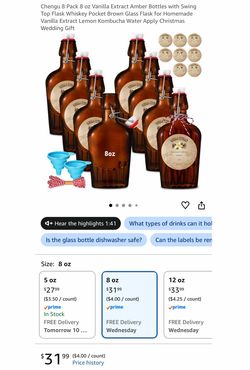 8 Pack 8 oz Vanilla Extract Amber Bottles with Swing Top Flask Whiskey Pocket Brown Glass Flask for Homemade Vanilla Extract Lemon Kombucha Water Appl