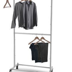 Double Rod Clothing Garment Rack, Rolling Clothes Organizer on Wheels for Hanging Clothes, Chrome 