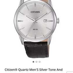 Citizen® Quartz Men'S Silver Tone And Black Stainless Steel Leather Strap Watch