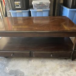 Lazy boy Coffee Table With Storage, Two-tiers, On Wheels, Wood With Drawers 