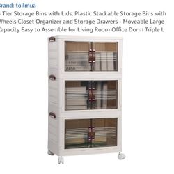 3 Tier Storage Bins with Lids, Plastic Stackable Storage Bins with Wheels Closet Organizer and Storage Drawers - Moveable Large Capacity Easy to Assem