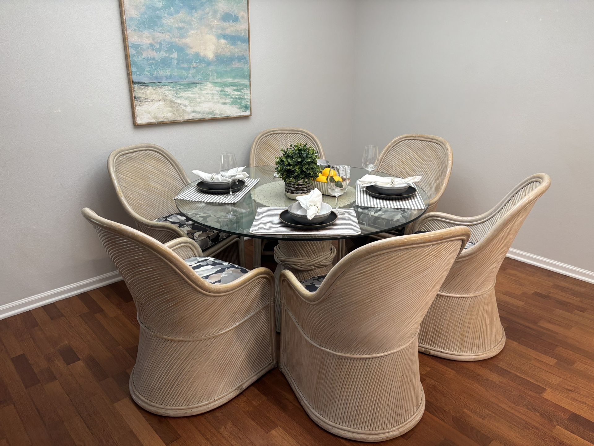 Vintage Sculptural Split Reed Dining Set Rattan Barrel Crespi Style By Henry Link