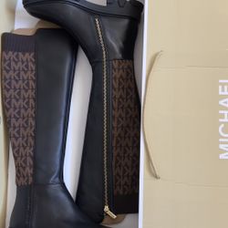 Michael Kors Ridley Leather and Logo Jacquard Knee Boot