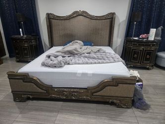 Ornate Upholstered Bed Frame and Nightstands