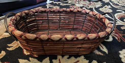 Rare Find Vintage Bamboo Oval Basket With Leather Handles From 1970s