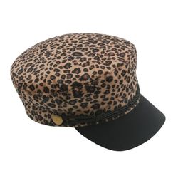Women's Leopard Print Beret Hat Casual Retro Flat Top Navy Cap