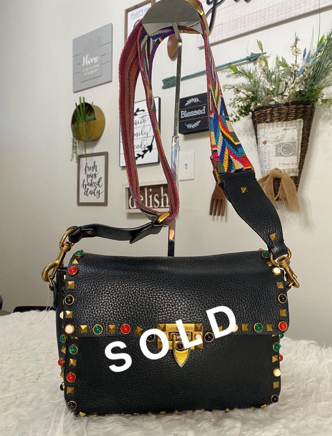 SOLD‼️VALENTINO black leather GUITAR ROCKSTUD ROLLING Shoulder Bag