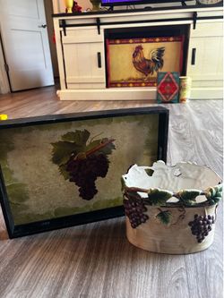Distressed tray with grapes painted and a pot with grapes on it