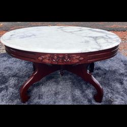 Victorian Mahogany Kimball Revival Antique Oval Italian Marble Table 1959-1960s 