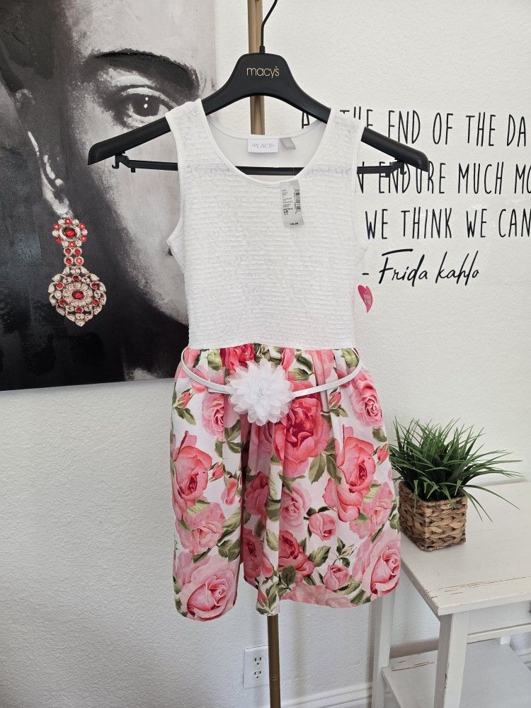 NWT The Childrens Place White and Pink Floral Dress with Belt Size L(10/12)