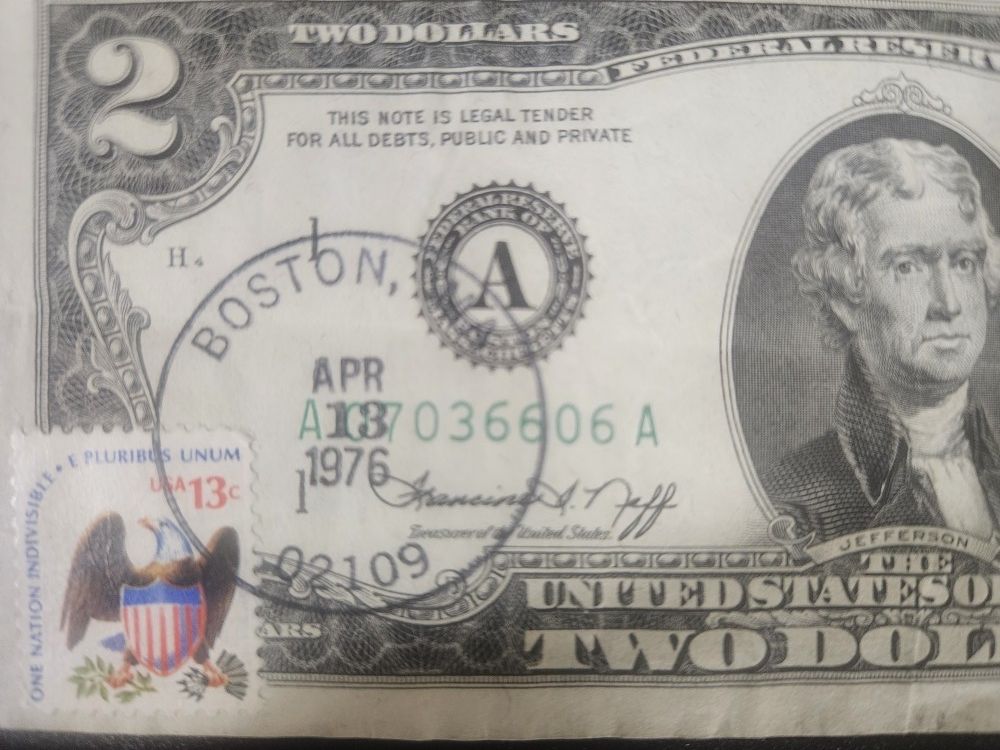 1976 Two ($2) Dollar Bill 1st Day Issue Stamped Miscut ( Pickup Only )