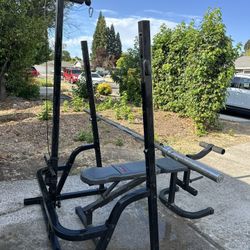 Gym, equipment, bench, bar, and bar press and squats all in one 