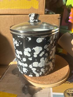 Golden Rabbit canister with lid, black & white swirl