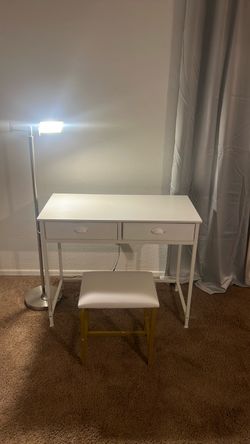 Office desk table with bench  and lamp with two shelves