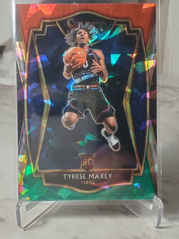 Tyrese Maxey Premier Level Red White Green Cracked Ice Prizm