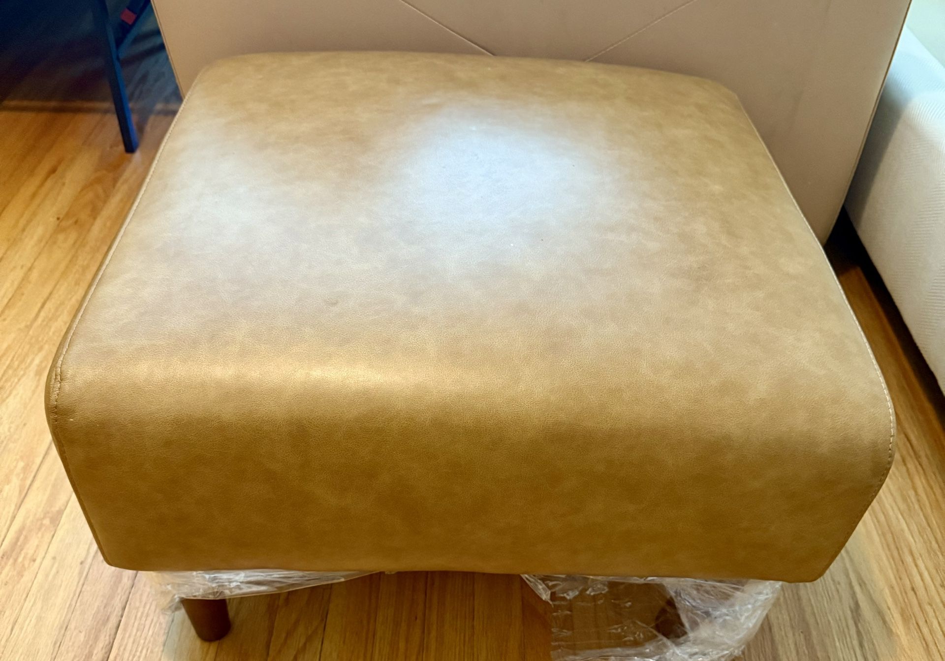 Excellent Rivet Ava Mid-Century Modern Leather Square Ottoman, 25.6"D x 25.6"W x 15.7"H, Caramel