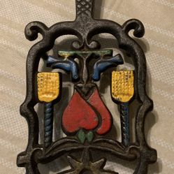 Vintage Hearts and Bluebirds Brooms Cast Iron Trivet