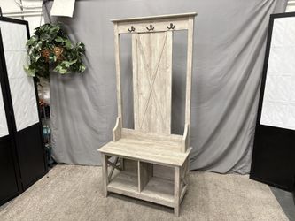 BUSH FURNITURE Weathered Grey 6-Hook Hall Tree w/ Shoe Storage Bench