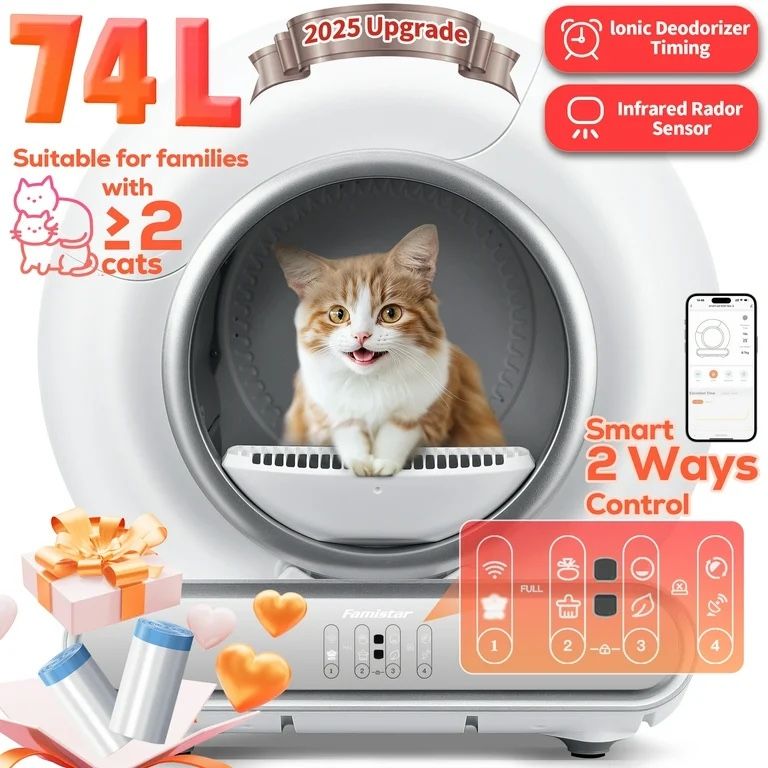 Famistar Self Cleaning Cat Litter Box, Automatic Cat Litter Box with APP Control, 65+9L Large Capacity