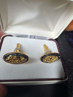 Gold Tone Oval Cufflinks with Blue Stones