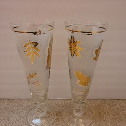 Pair of Vintage Frosted Bar Glasses with Gold Accessories and Trim