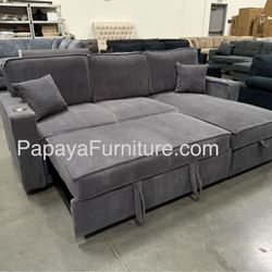 New! 89”L Reversible Grey corduroy Sectional Sofa Bed, Sectional Sofa Bed, Grey Sofa, Sleeper Sofa, Grey Couch, Reversible Sectional, Sectional Sofa W