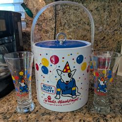Vintage Spuds Mackenzie 1987 Budweiser/Anheuser Busch Ice Bucket/Beer Cooler, with two matching Spuds Mackenzie beer glasses, goblets, barware