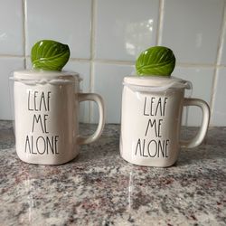 Rae Dunn "Leaf Me Alone" ceramic mugs