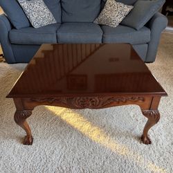 Square Mahogany Wood Coffee Table Cabriole Legs & Ball-And-Claw Feet