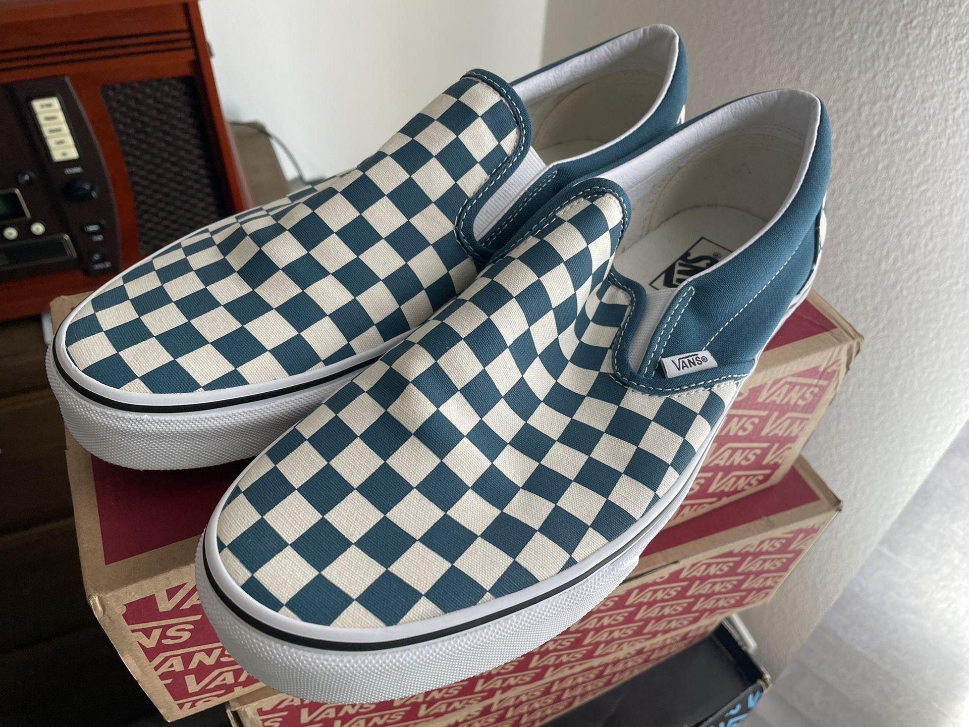 Vans’ Classic Slip-Ons, Used, (Navy/White Checkerboard Design) Size 12