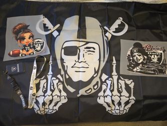 Brand New Raiders 3ft x 5ft Flag, 2 10inch Iron-On Transfers & Lanyard with ID holder. 
