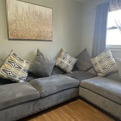 Grey Sectional velvet  Sofa with 7 pillows