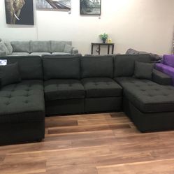 New Black U Shaped Double Chaise Sectional Sofa Couch 