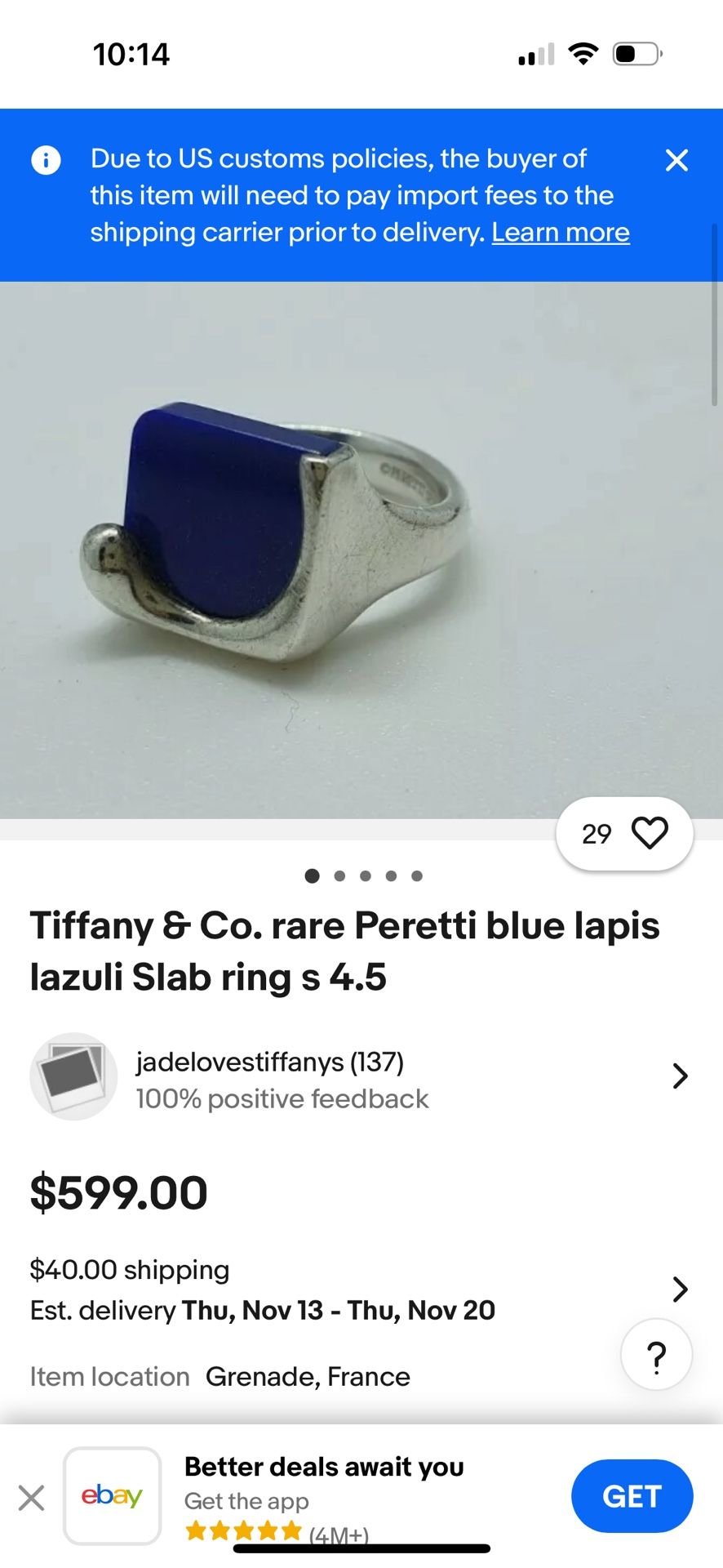 Tiffany & Co Rare Peretti Blue Lapis Lazuli Slab Ring 