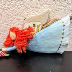 Russ Berrie and Co. Country Angel Hand Painted Dangling Heart, Red Yarn Hair Ornament Redhead