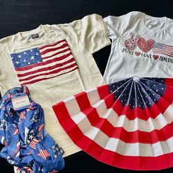 Scare, patriotic bunting dec, and 2 t-shirts size small and medium all for $3