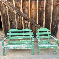 As/Is VTG Handmade Wood Porch Set - Rustic Folk Art Heart-Crest Bench & Chair
