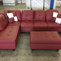 Red Leather Sectional Couch And Ottoman