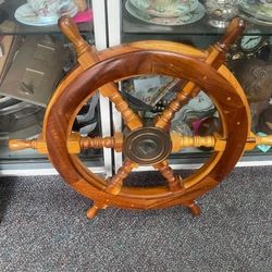 Vintage Ships Wheel Nautical Decor Solid Wood Teak 24"