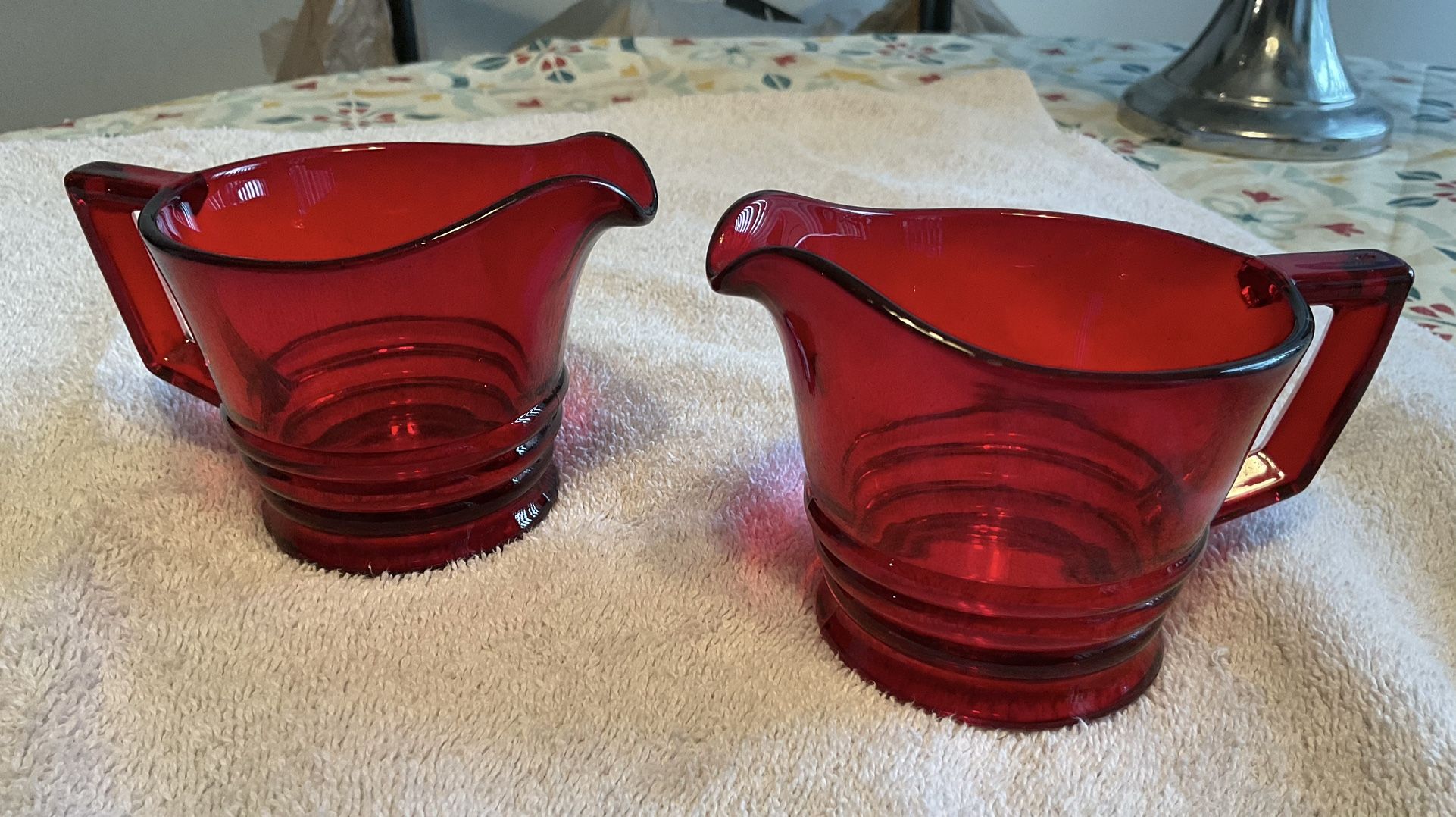 Set Of 2 Vintage Ruby Red Depression Era Creamers